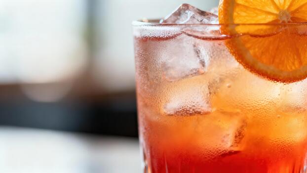 Refreshing citrus topped beverage shows condensation and ice cubes in a close up shot photo