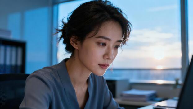 Focused professional woman works diligently on a computer during twilight hours in a modern office setting. photo