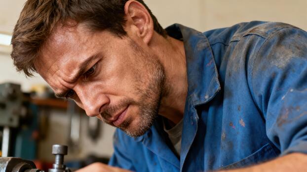 Dedicated craftsman closely inspects mechanical equipment in a workshop setting photo