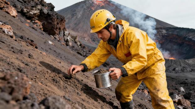 Geologist collects soil samples on the steep slope of an erupting stratovolcano photo