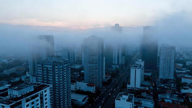 Dense low clouds obscure the tops of numerous tall buildings overlooking a busy urban roadway. photo