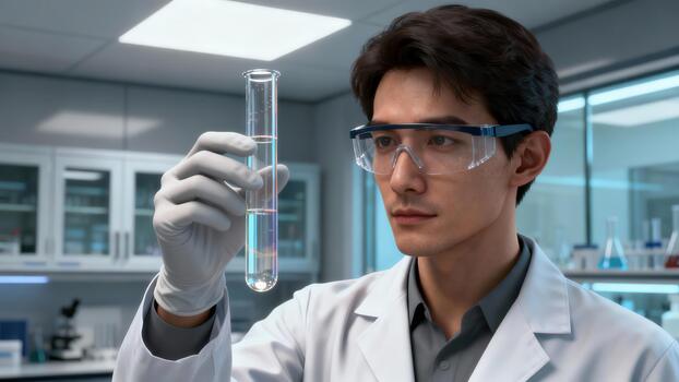 Scientist holding a glass tube with layered liquids up to the light in a modern laboratory setting photo