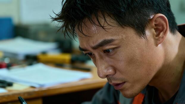 Focused adult man intensely concentrating while working under warm illumination photo