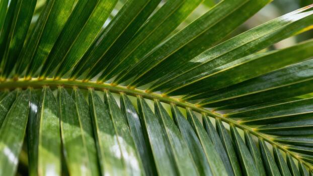 Vivid green frond structure showcases parallel leaflets illuminated by natural daylight photo