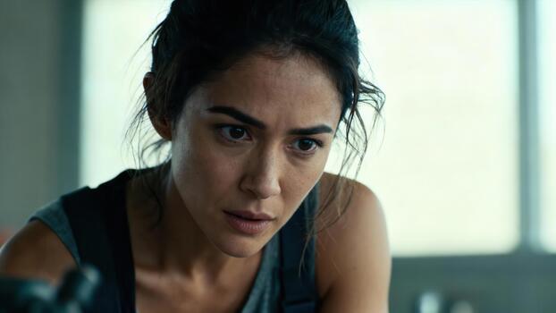 Intense female individual focuses intently on a task in a brightly lit setting photo