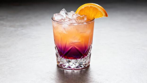 vibrante en capas cóctel adornado con agrios rebanada se sienta en un neutral superficie foto