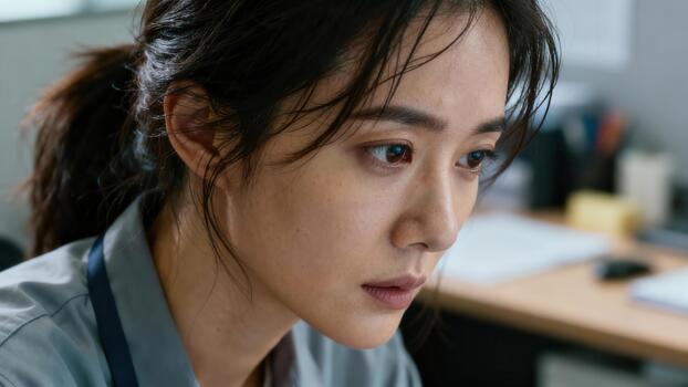 Woman concentrating deeply while focused on an indoor task in an office setting photo