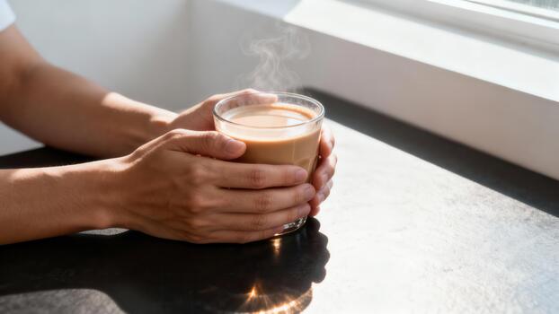 Person warms hands around steaming glass of beverage placed on reflective surface near window photo