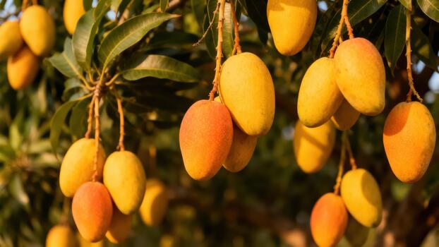 Numerous ripe mangoes hang from tree branches under sunlight photo
