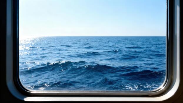Vast expanse of deep blue ocean visible through a rounded ship porthole on a bright sunny day photo