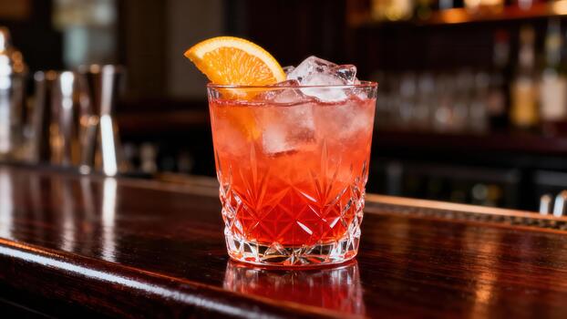 Refreshing red cocktail garnished with citrus slice rests on a polished wooden bar top photo