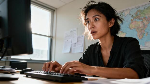 Young professional shows visible surprise while working intensely on a desktop computer in a sunlit office environment photo