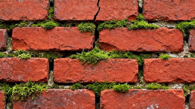 Rough weathered red clay bricks form a textured wall surface accented with vibrant green moss growth photo