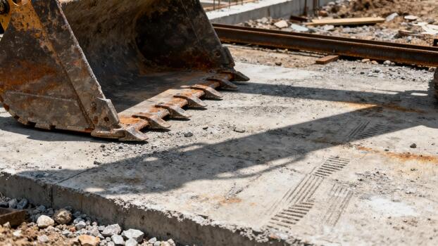 Heavily worn excavator bucket rests on a concrete surface at an active building site under bright sunlight. photo