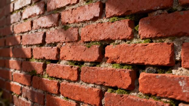 Weathered reddish construction units display rough texture with organic growth in mortar gaps photo