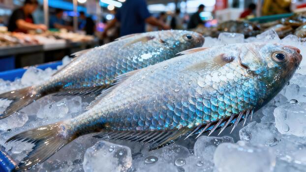 Freshly caught silver fish displayed on crushed ice at a bustling open-air market. photo