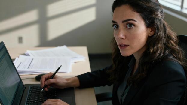Professional woman looks up with surprise while working on a laptop computer in an office setting photo