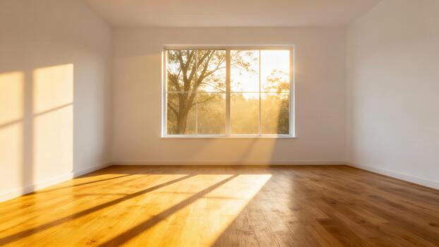 Warm sunlight streams through a window into an empty interior space with wood flooring photo