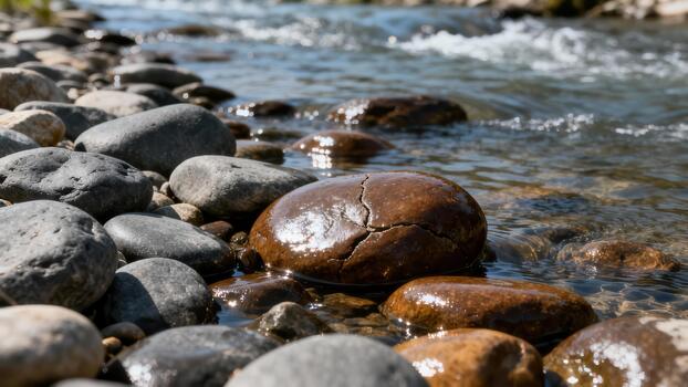 Smooth wet river stones line the edge of a flowing stream under bright daylight photo