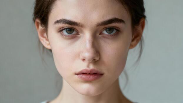 Young woman with striking features looks directly at the viewer with serious expression photo