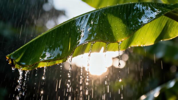 Water droplets fall from a large green leaf during a downpour with sunlight filtering through photo