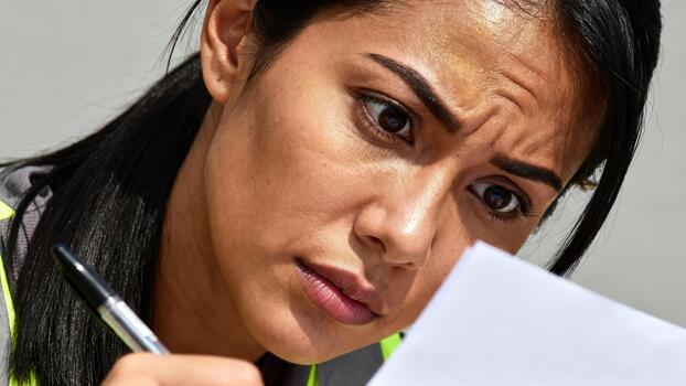 Female worker concentrates intently while reviewing a document with a writing utensil photo