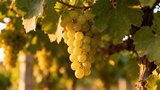 Clusters of ripe white grapes hang heavily from a sunlit vine in a vineyard setting photo