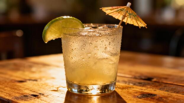Chilled citrus beverage rests upon a rustic wooden surface adorned with a tiny paper parasol and lime wedge garnish photo