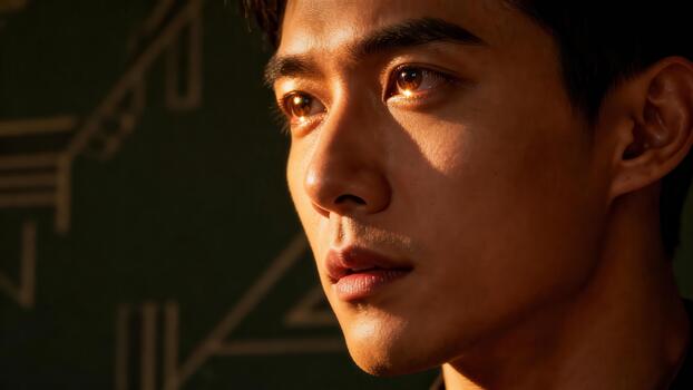 Young man's intense profile illuminated by warm side lighting against a dark patterned background photo