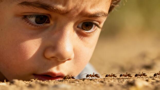 joven niño atentamente observa un línea de hormigas Moviente a través de el suelo foto