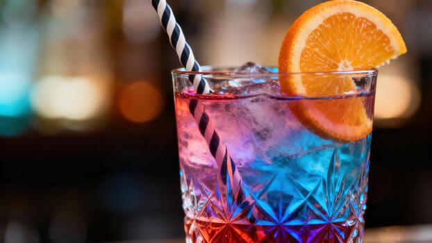 Vibrant layered cocktail garnished with citrus slice sits ready for consumption in dimly lit establishment photo