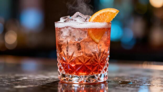 Ruby colored mixed drink with ice and citrus garnish sits on a dark bar surface photo