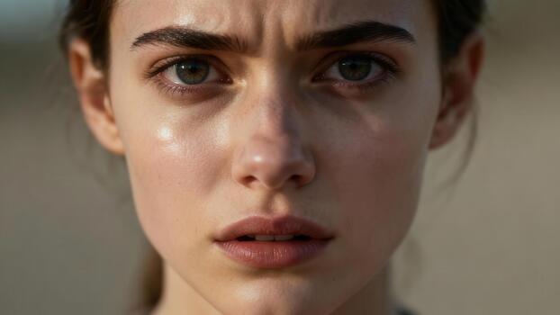 Intense close up portrait captures a young woman expressing deep concern with furrowed brow photo