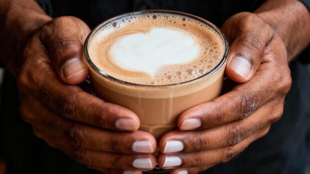 Person cradles warm beverage with intricate foam design in clear cup photo