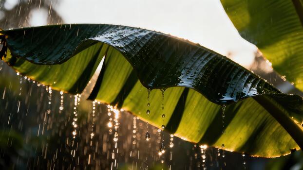 Raindrops collect and drip from the edge of a broad green tropical leaf illuminated by sunlight. photo