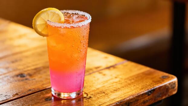 Vibrant layered mixed beverage with iced contents sits on a rustic wooden surface photo