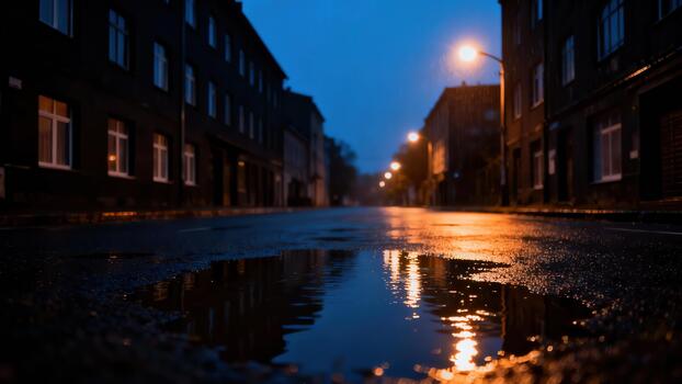 Street scene with illuminated puddle reflection on wet pavement after rainfall at twilight photo