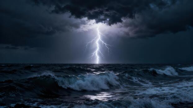 Intense vertical lightning illuminates turbulent dark ocean waters beneath heavy storm clouds photo