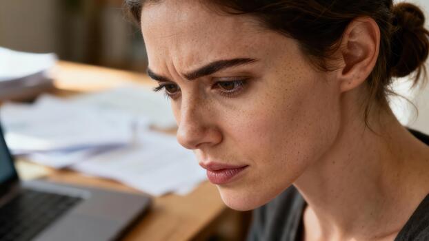 Young woman with furrowed brow intensely focuses on task in front of cluttered desk photo