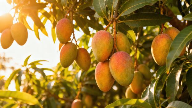 Ripening mango fruits hang in clusters from a sunlit tropical tree. photo