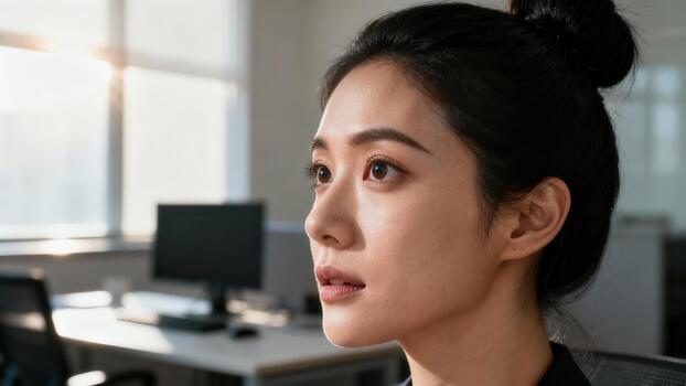 joven profesional miradas pensativamente dentro el brillante ligero filtración mediante oficina ventanas foto