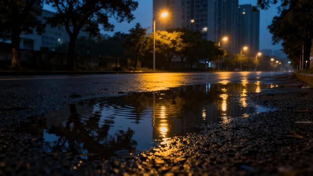 iluminado Lámparas de la calle reflejar en un charco en oscuro, mojado asfalto pavimento después lluvia. foto