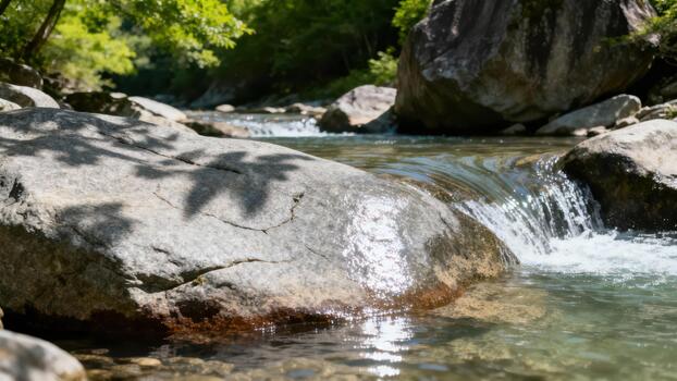 Sunlight illuminates clear water flowing over smooth rocks in a shallow mountain stream. photo