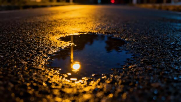 Ground level view captures bright streetlamp reflection in a dark asphalt puddle photo
