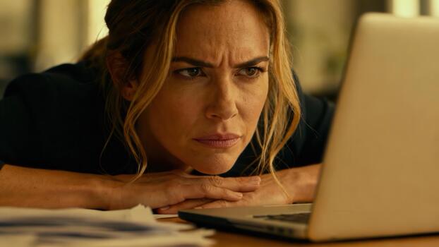 Intense woman concentrates deeply while leaning over a glowing personal computer screen photo