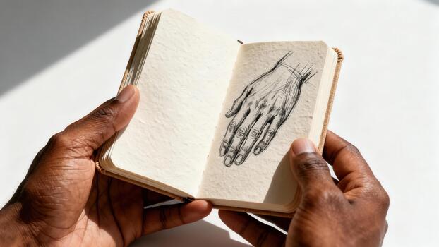 Person examining a detailed anatomical sketch of a human hand inside a small sketchbook photo