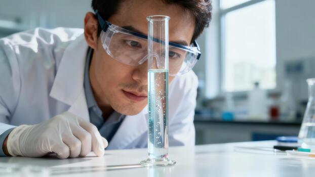 científico atentamente observa líquido volumen dentro un alto graduado cilindro durante experimentación foto