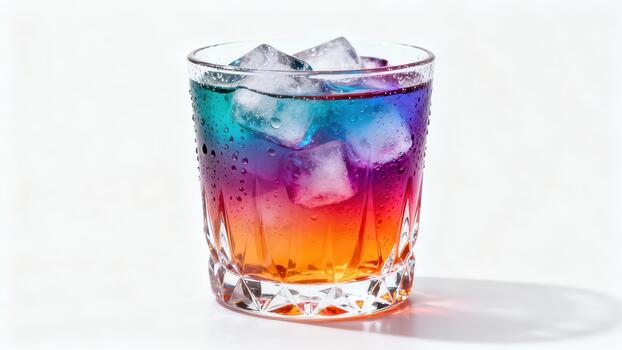 vibrante en capas bebida con hielo cubitos descansa en un blanco superficie foto