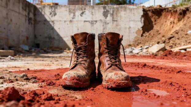 Worn work boots sit on reddish wet soil at an active excavation site photo