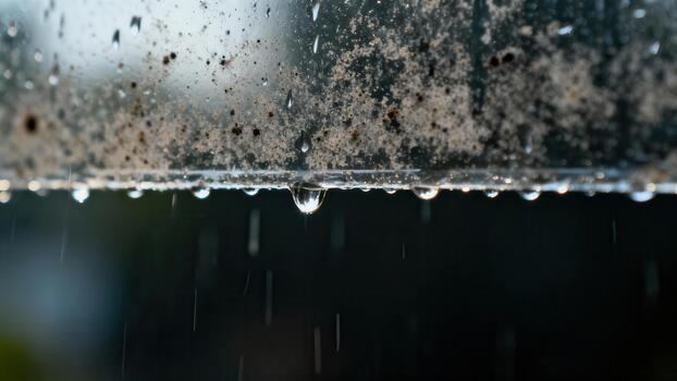 Water droplets form and fall from a dirty, textured horizontal surface during precipitation photo